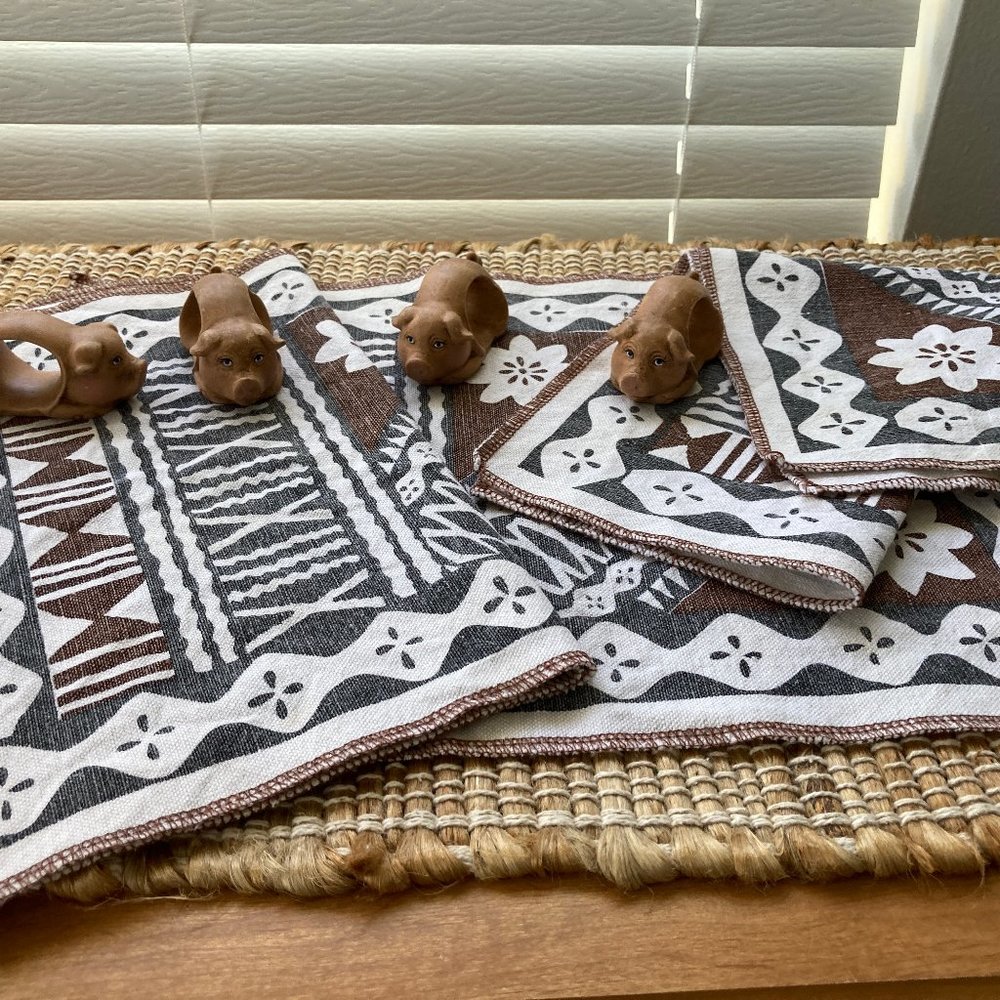 Four Boho Cloth  Napkins with Four Ceramic Pig Napkin Rings